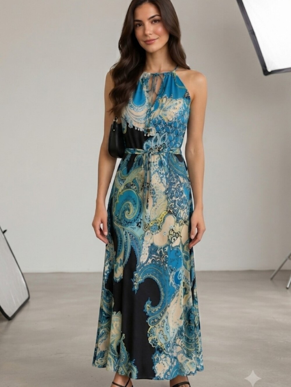 Cache Blue and Black Paisley Halter Maxi Dress